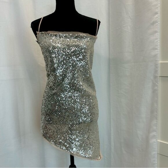Zara beige sequin asymmetrical spaghetti strap open back blouse top M NWOT sexy - Picture 6 of 11